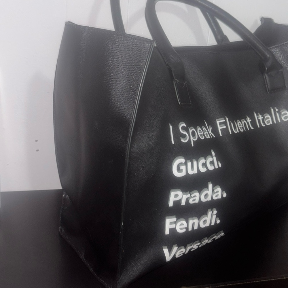 I speak Fluent Italian Vegan leather designer black tote-LA/TC - Picture 3 of 9